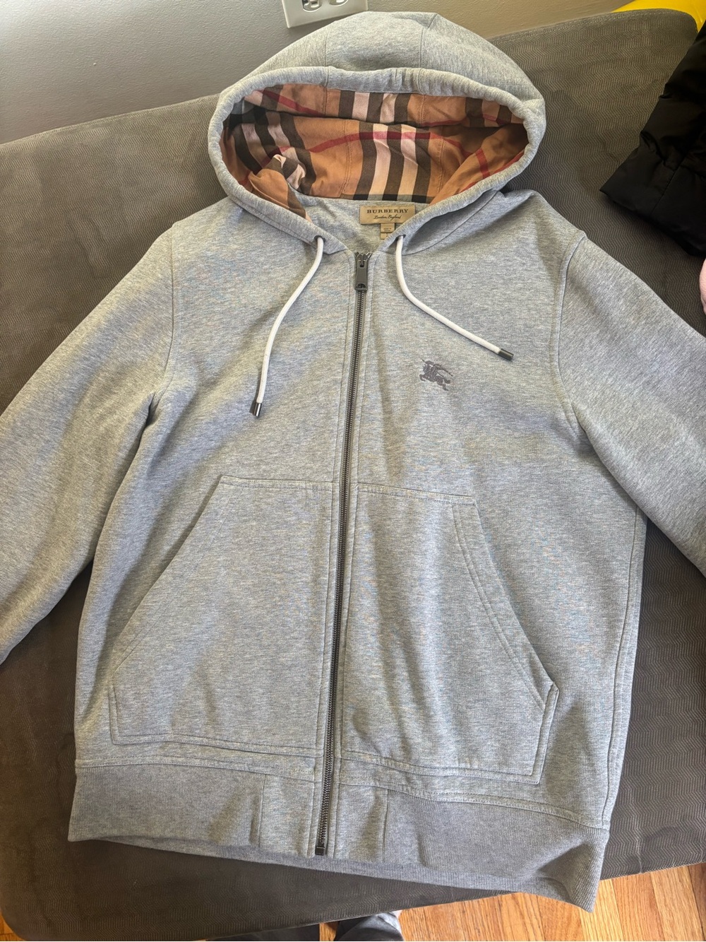 Burberry Light Gray Zip Hoodie with Signature Check Hood Lining